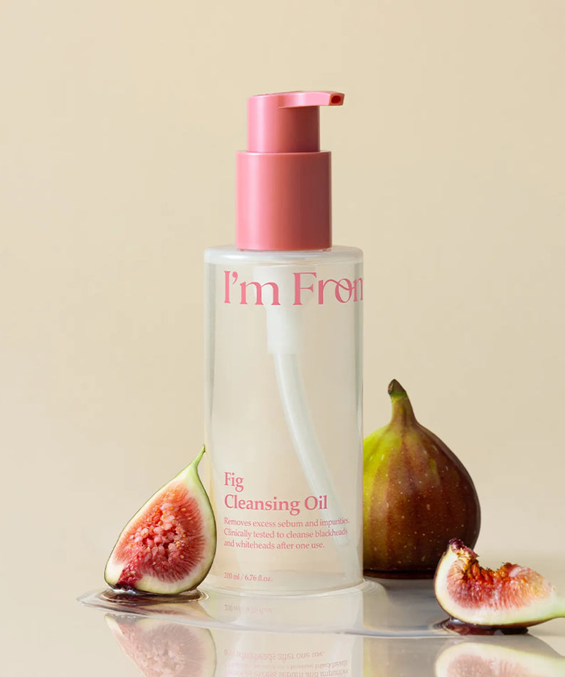 I'M FROM Fig Cleansing Oil 200ml bottle with fresh figs, emphasizing skincare benefits and natural ingredients.