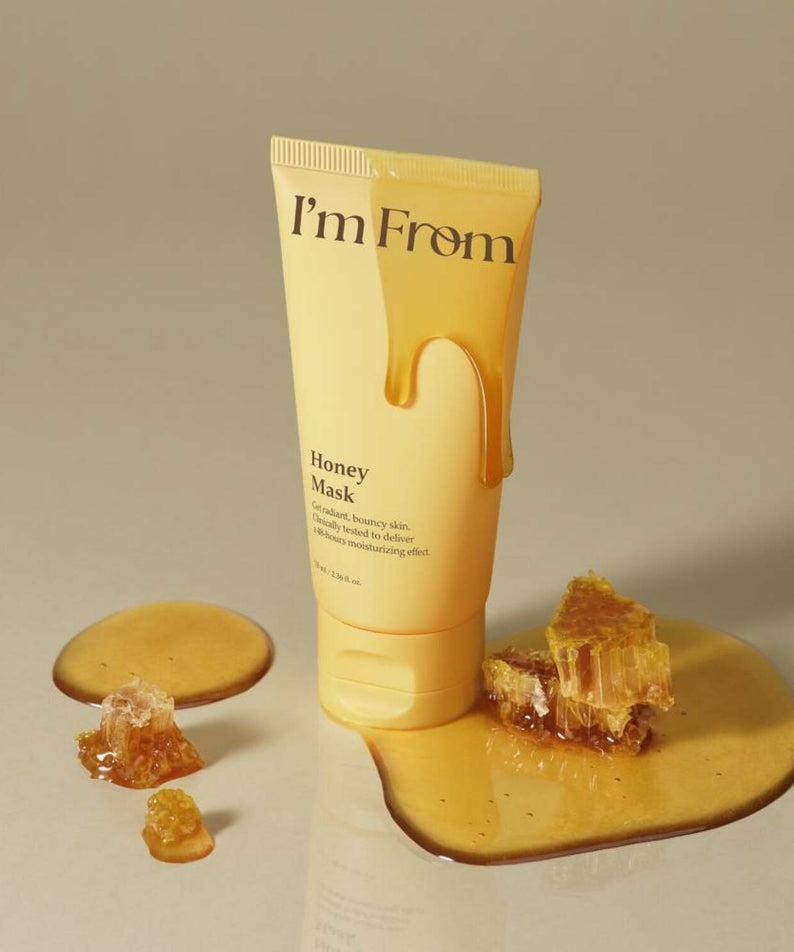 I'M FROM Honey Mask 70ml with honeycomb and honey spill. Luxurious skincare for radiant, hydrated skin.