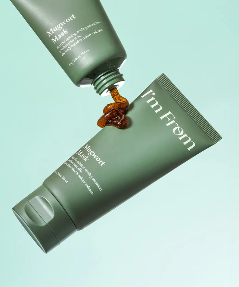 I'M FROM Mugwort Mask 70g tube with product flowing, highlighting the Korean skincare mask for soothing and calming the skin.