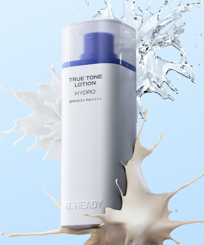 B.READY True Tone Lotion 2.0 40ml in sleek bottle with splash effects showcasing hydration and radiance.