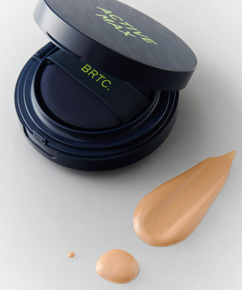 BRTC Homme Active Max Perfect Cushion 15g open compact with cushion puff and foundation swatches, Gentleman Korea Korean men’s skincare product