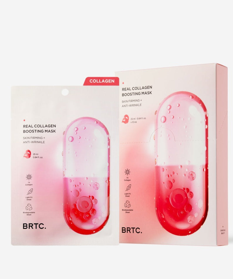 BRTC Real Collagen Bosting Mask 10 Sheets packaging showcasing anti-wrinkle and skin firming features.