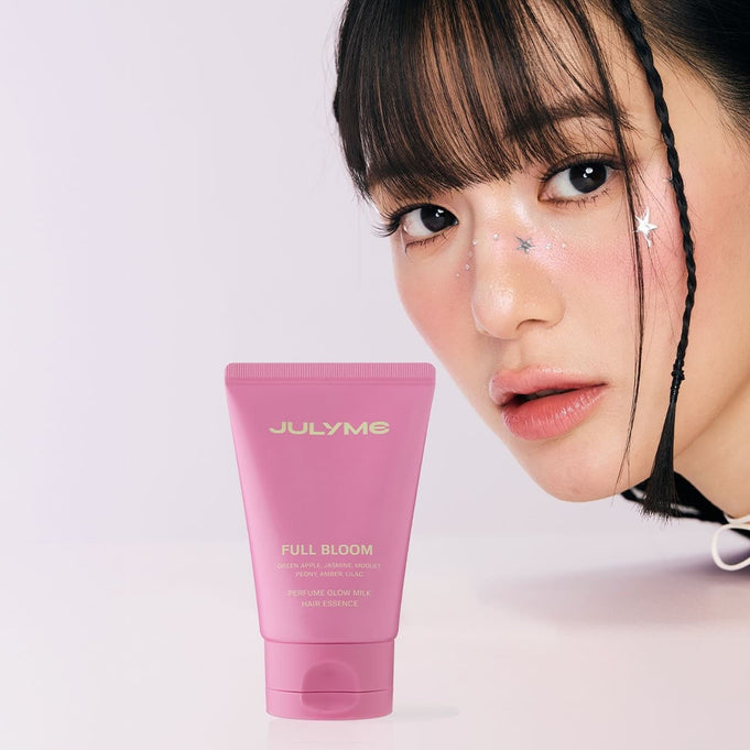 JULYME Perfume Glow Milk Hair Essence 80ml ( Full Bloom) bottle with person in background