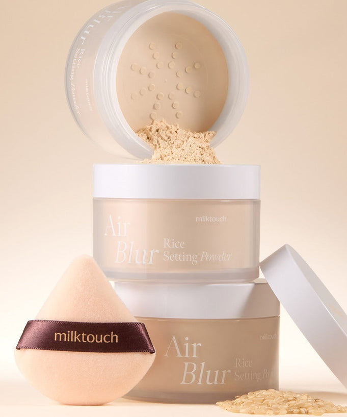 MILK TOUCH Air Blur Rice Setting Powder with sponge applicator showcasing smooth finish for flawless makeup