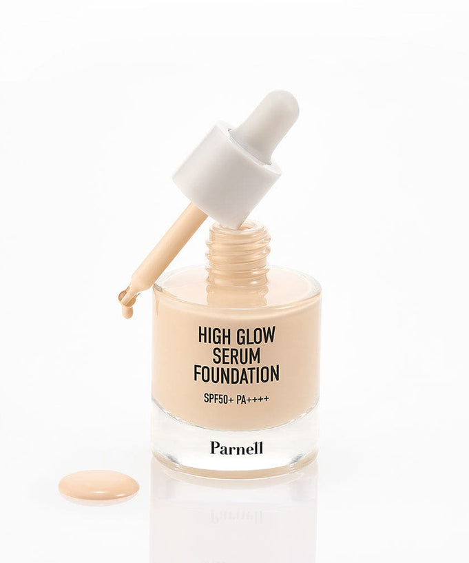 PARNELL High Glow Serum Foundation 30ml bottle with dropper and product swatch on a white background.