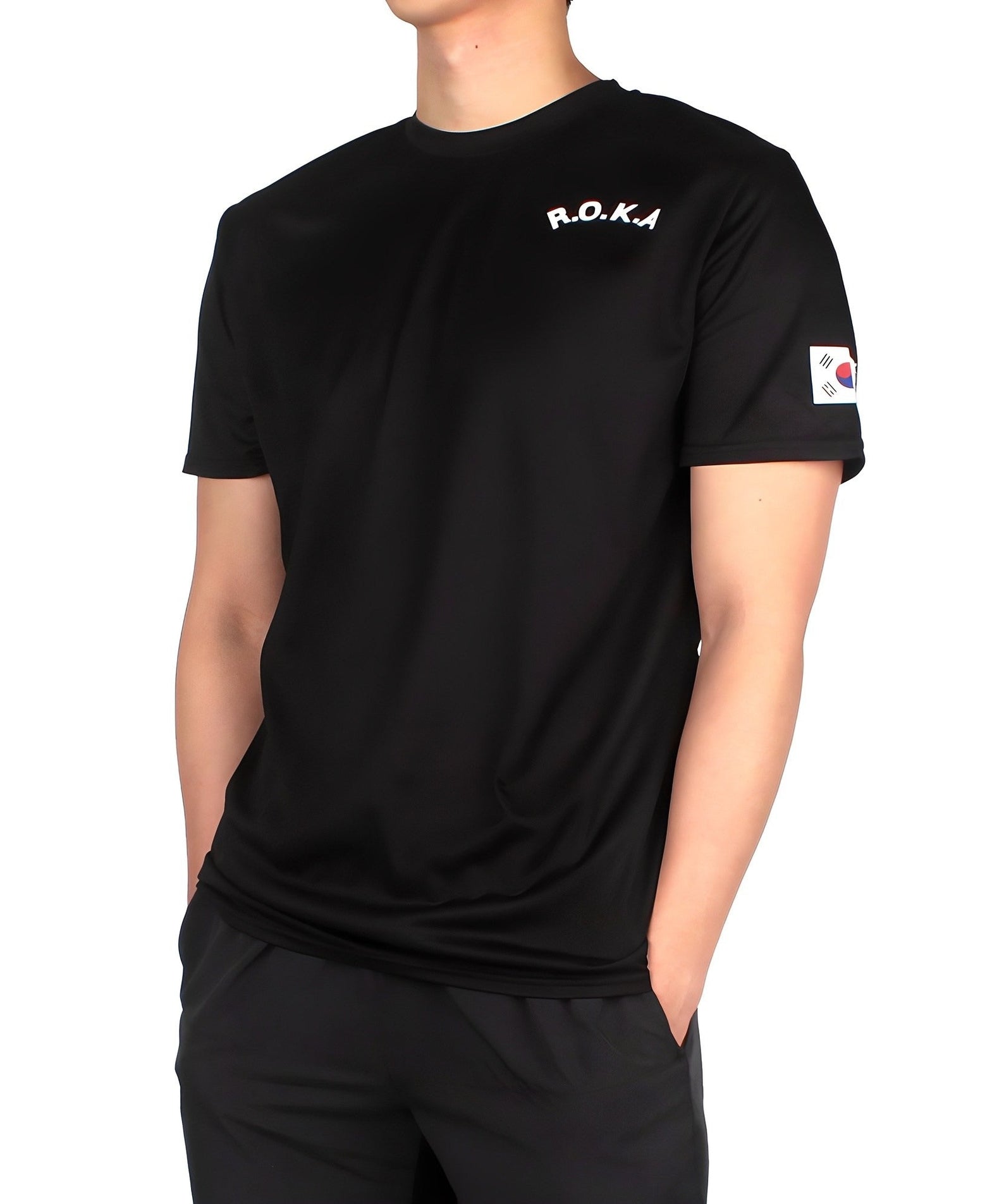 Man wearing black KOREA ARMY T-Shirt with R.O.K.A lettering and Korean flag patch on sleeve.