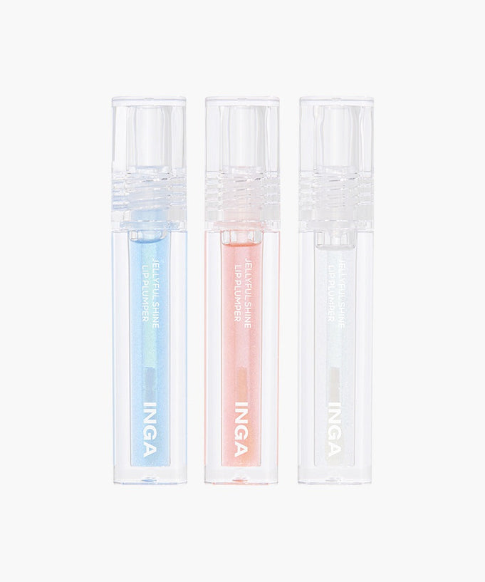 Three tubes of INGA Jellyful Shine Lip Plumper in assorted colors displayed vertically on a white background.