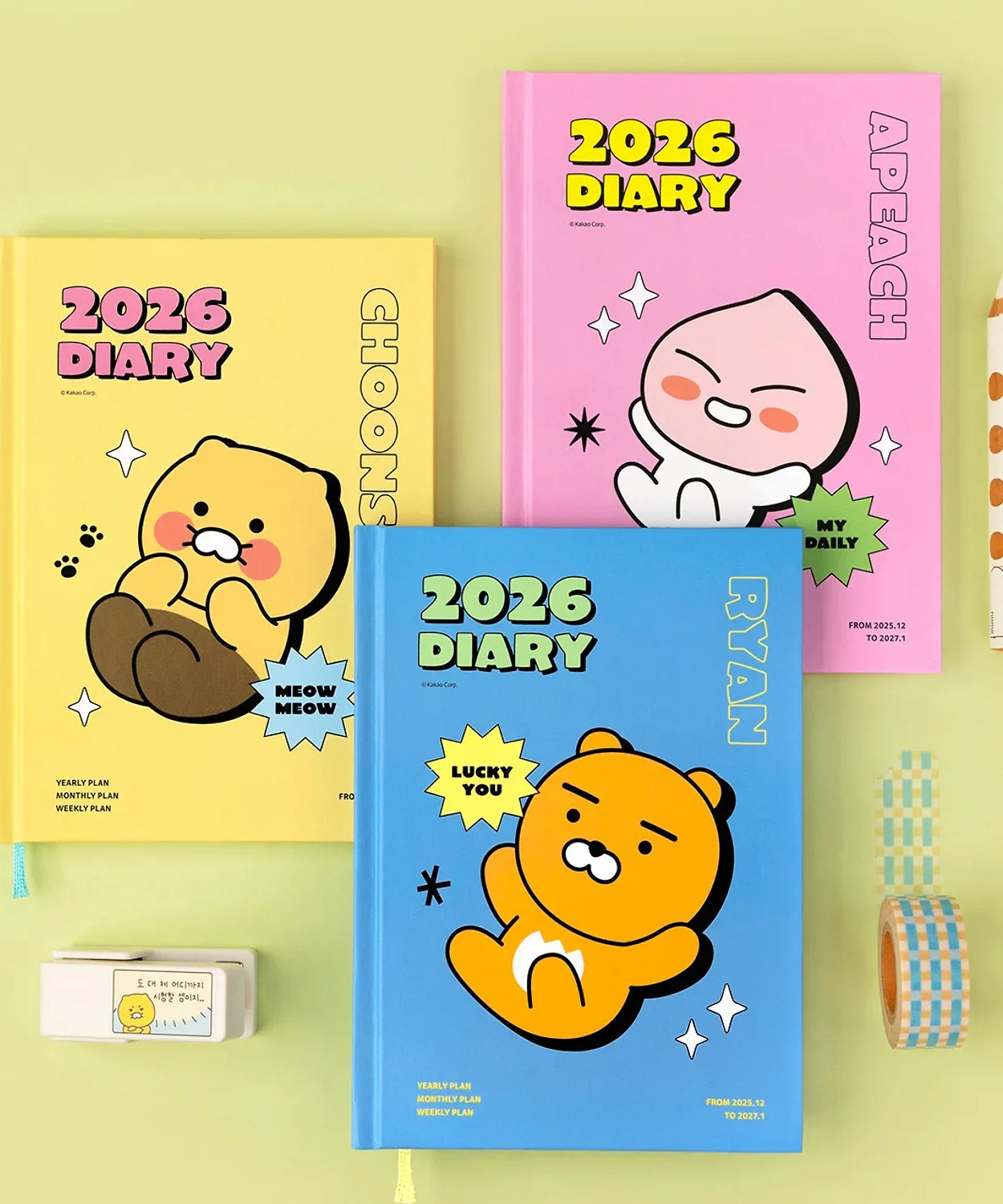 KAKAO FRIENDS Planner 2026 diaries in yellow, pink, and blue with cute character designs