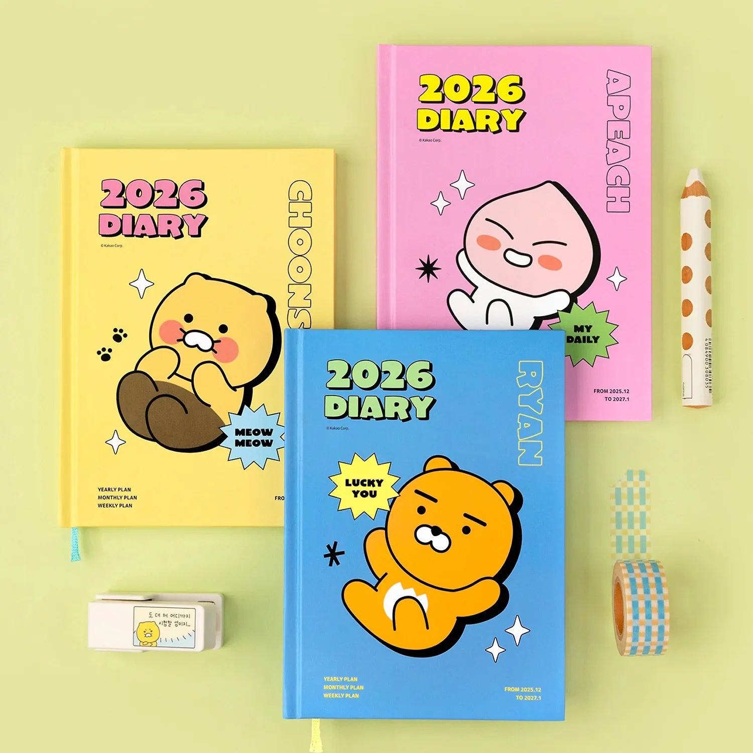 KAKAO FRIENDS Planner 2026 diaries in yellow, pink, and blue with cute character designs