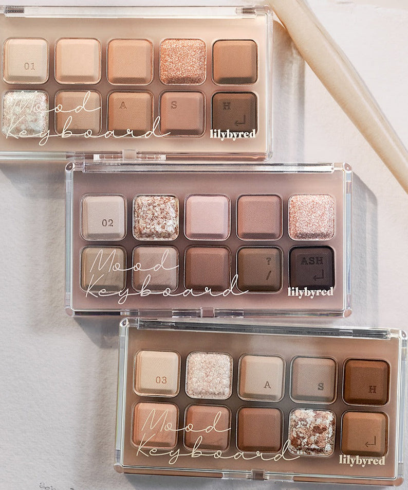 LILYBYRED Mood Keyboard Palette featuring neutral eyeshadow shades with shimmer. Ideal for versatile makeup looks.