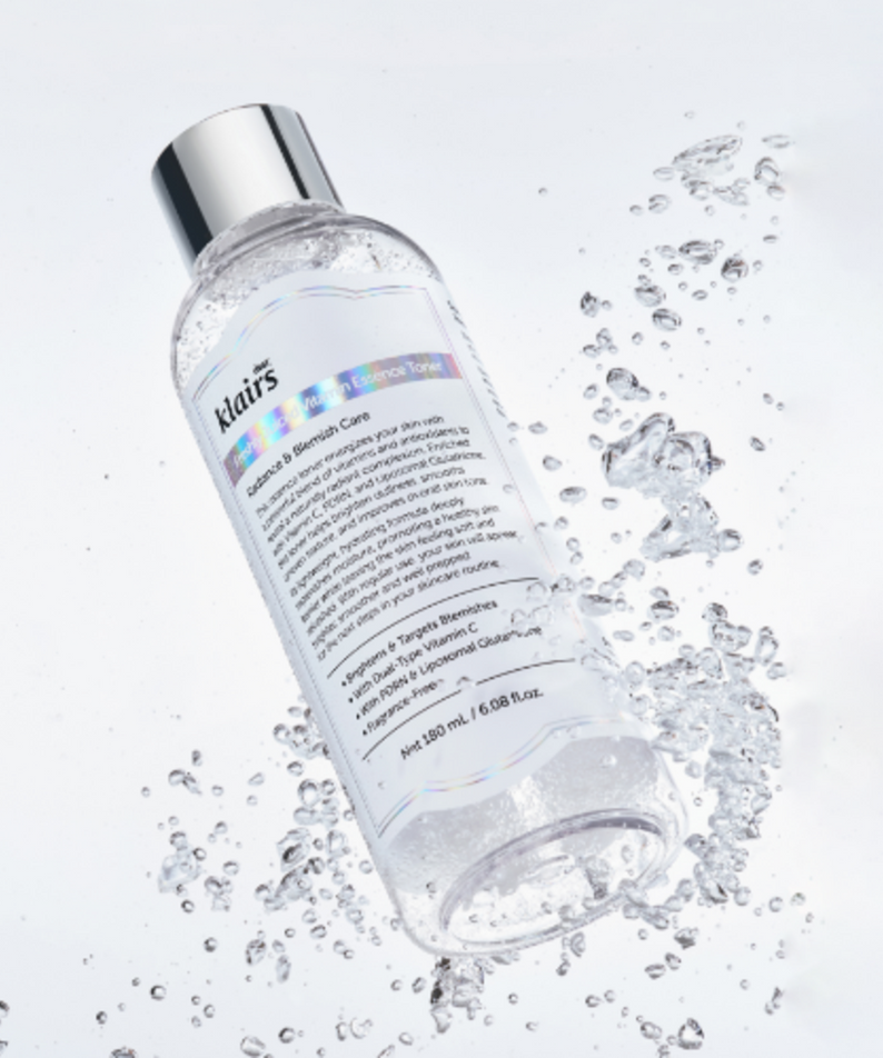 KLAIRS Freshly Juiced Vitamin Blemish Toner 180ml bottle with water splash background