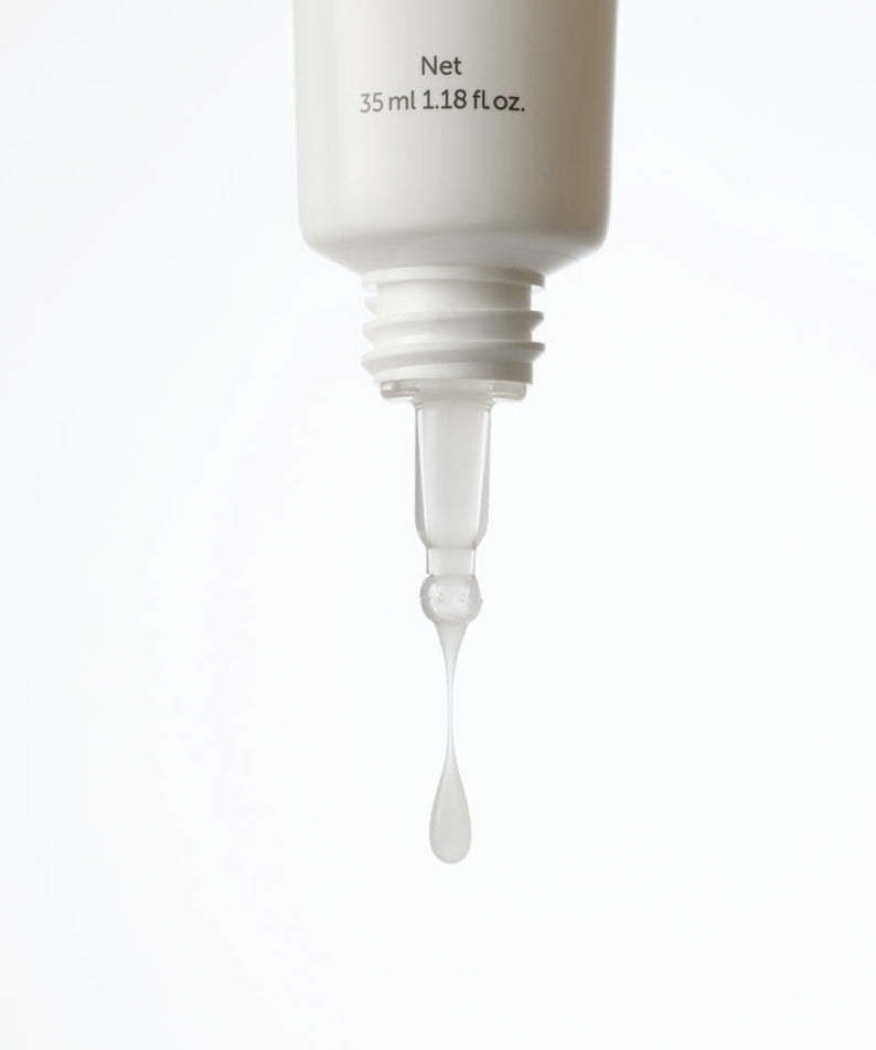 KLAIRS Fundamental Eye Awakening Gel 35ml showing gel texture from tube for hydration and brightening skincare routines.