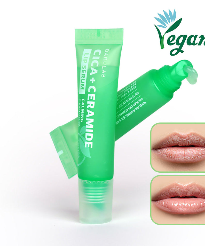 BARULAB Cica Ceramide Soothing Lip Serum 10g in green tube with vegan label and before-after lip images.