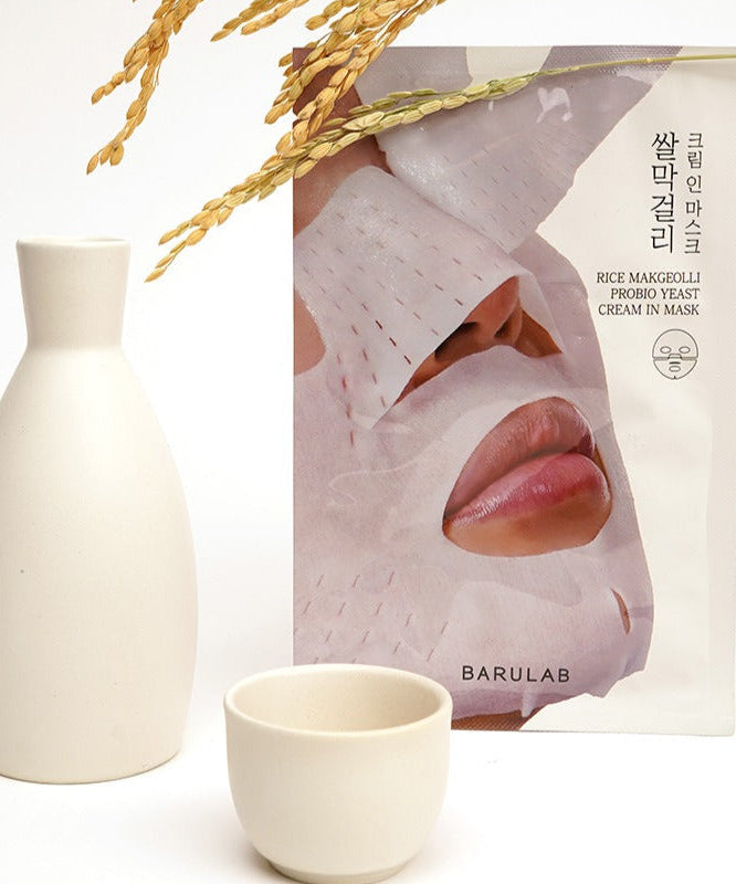 BARULAB Rice Makgeolli Probiotic Yeast Cream In Mask 5 Sheets displayed with ceramic sake set