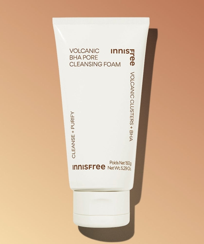 INNISFREE Volcanic BHA Pore Cleansing Foam in 150g tube on a peach background