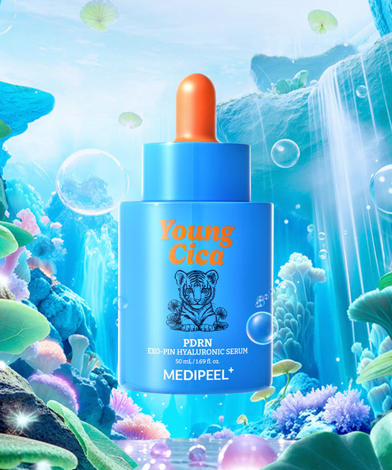 MEDIPEEL Young Cica PDRNExo-Pin Hyaluronic Serum 50ml product bottle in a vibrant underwater setting with coral and bubbles.