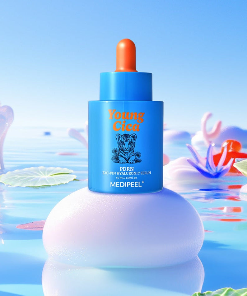 MEDIPEEL Young Cica PDRNExo-Pin Hyaluronic Serum 50ml bottle in a serene aquatic setting