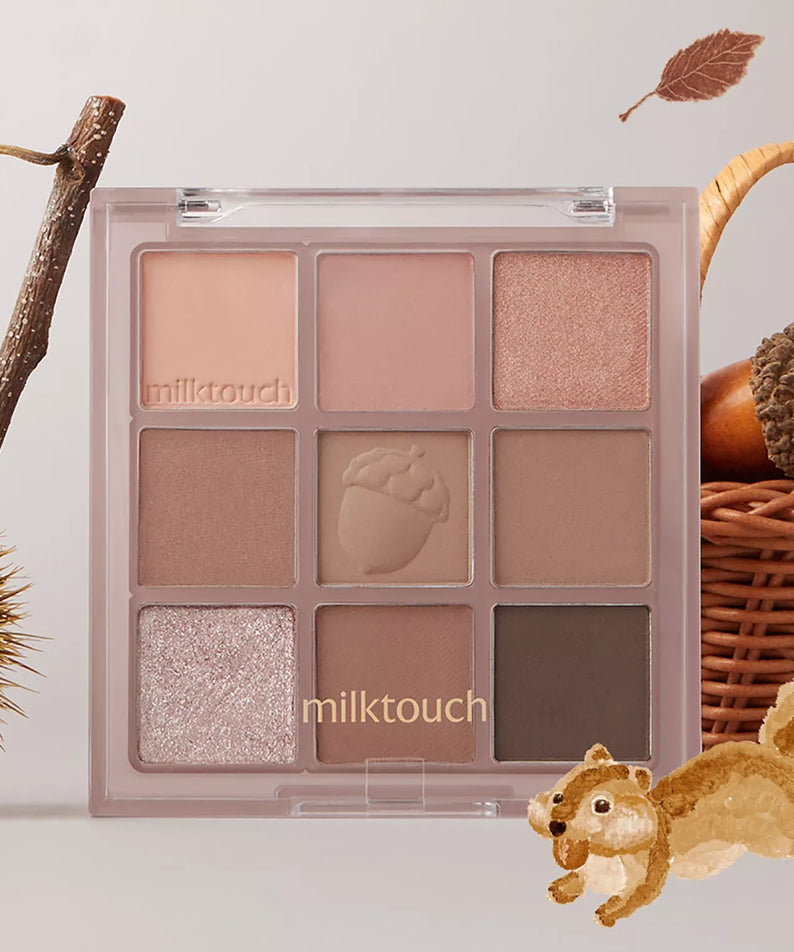 MILK TOUCH Tone On Shadow Palette featuring various natural shades with a decorative squirrel and autumn elements.