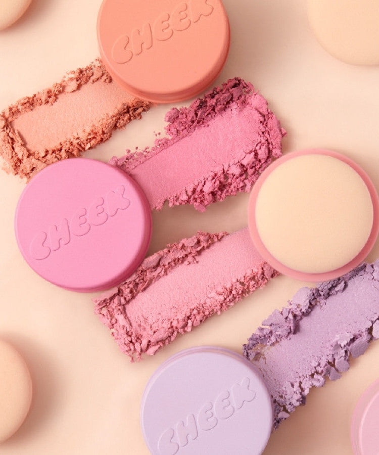 TONY MOLY Cheektone Jelly Blusher in various shades displayed with blush compacts and applicator pads.