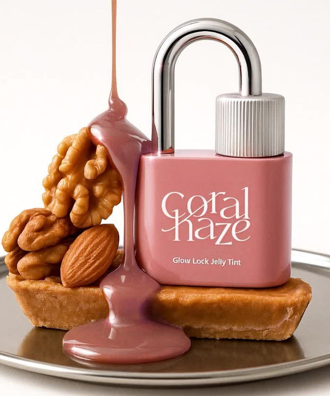 CORALHAZE Glow Lock Jelly Tint bottle with walnuts, almonds, and caramel drizzle on a dessert plate.