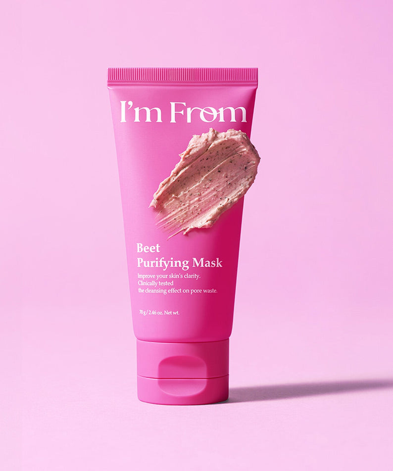 I'M FROM Beet Purifying Mask 70g in pink tube on a pink background, highlighting skincare benefits.