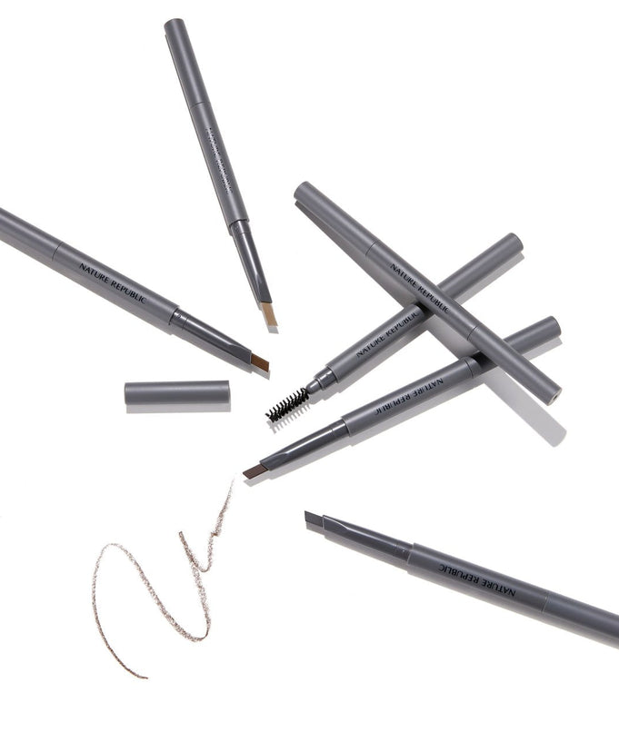 NATURE REPUBLIC Botanical Auto Eyebrow pencils in gray, showcasing tips and textures, ideal for precise eyebrow styling.