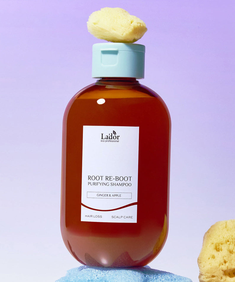 LADOR Root Reboot Custom Hair Loss Shampoo 4 Types in bottle with blue cap against purple background