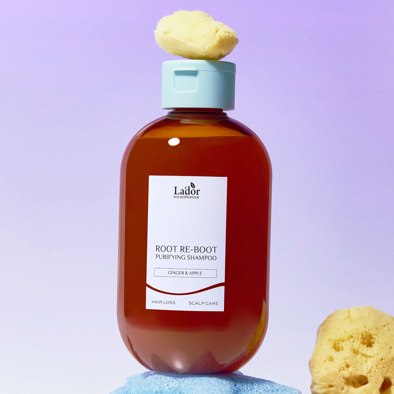 LADOR Root Reboot Custom Hair Loss Shampoo 4 Types in bottle with blue cap against purple background