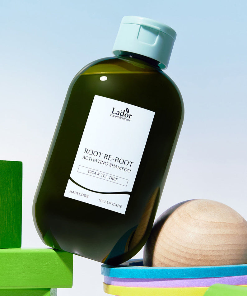 LADOR Root Reboot Custom Hair Loss Shampoo 4 Types bottle displayed with colorful blocks in background.