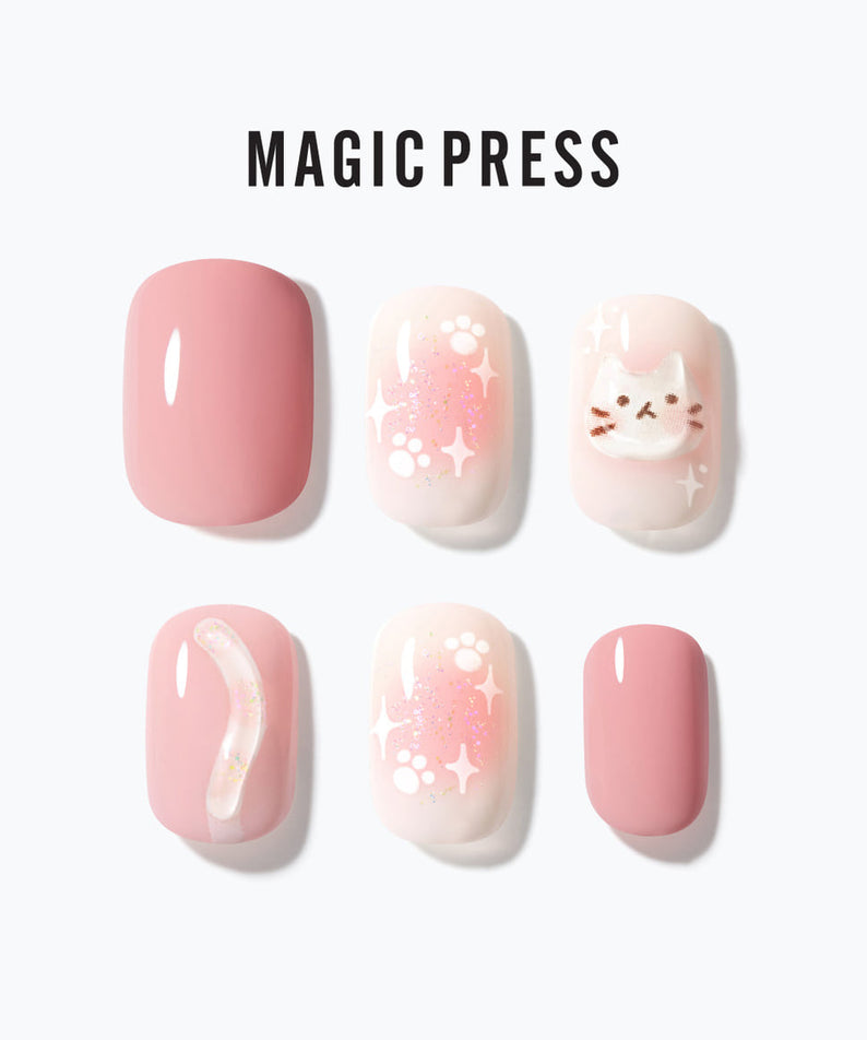 DASHING DIVA MAGIC PRESS Cheek Meow - Regular Round, cat-themed pink press-on nails, easy and stylish manicure solution.