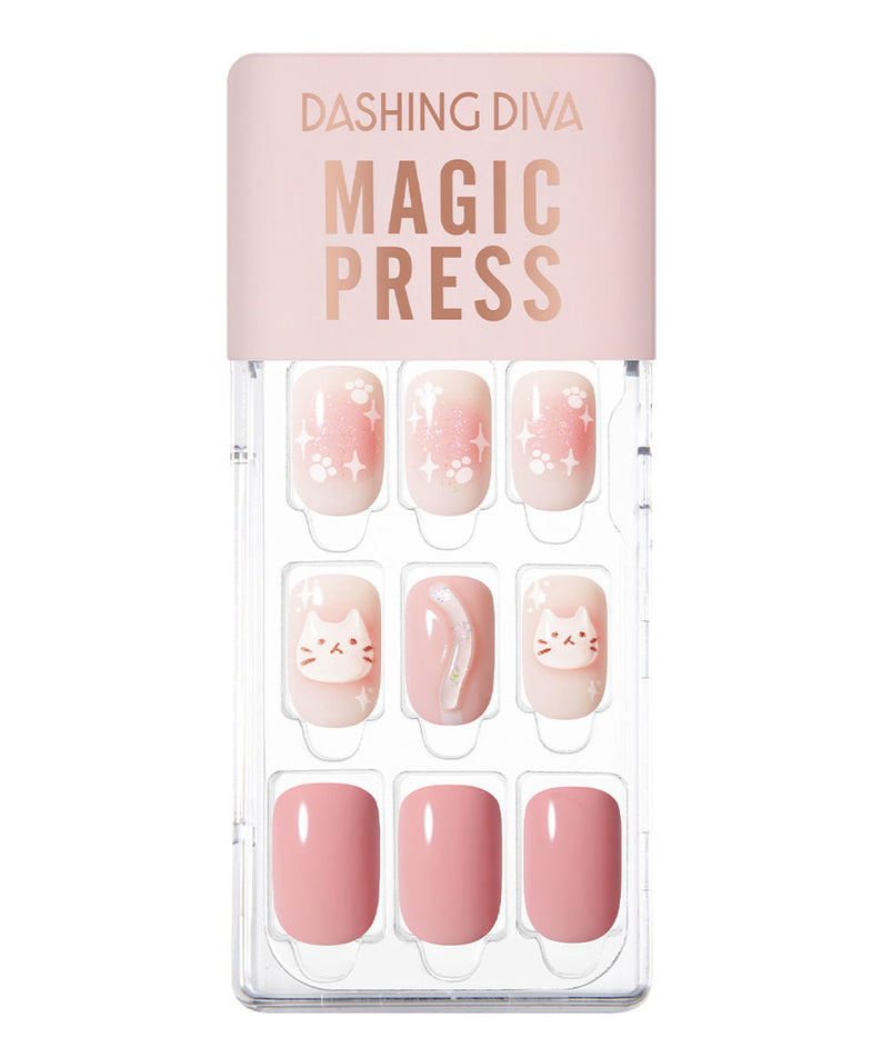 DASHING DIVA MAGIC PRESS Cheek Meow - Regular Round nail kit with cat designs and pink tones.