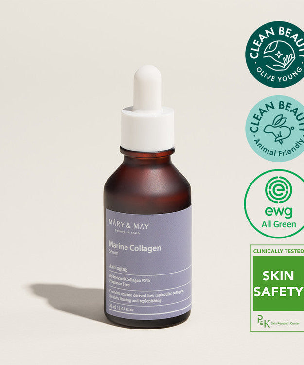 MARY & MAY Marine Collagen Serum 30ml bottle on a beige background with clean beauty certifications and skin safety labels.