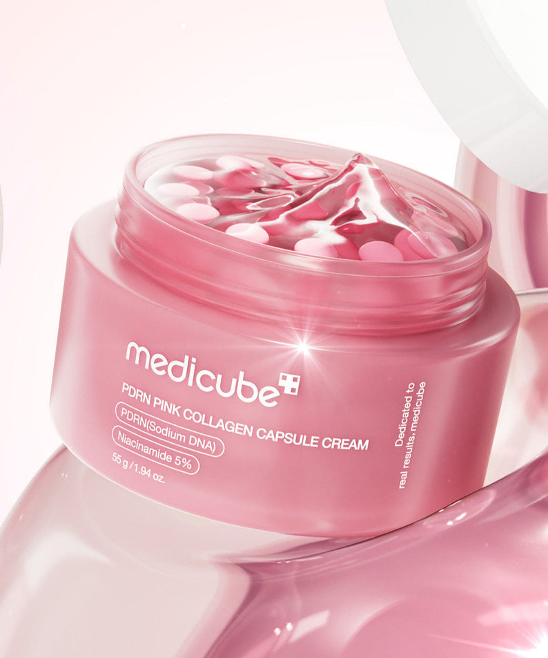 MEDICUBE PDRN Pink Collagen Capsule Cream 55g in open jar with pink capsules and cream, showcasing vibrant packaging.