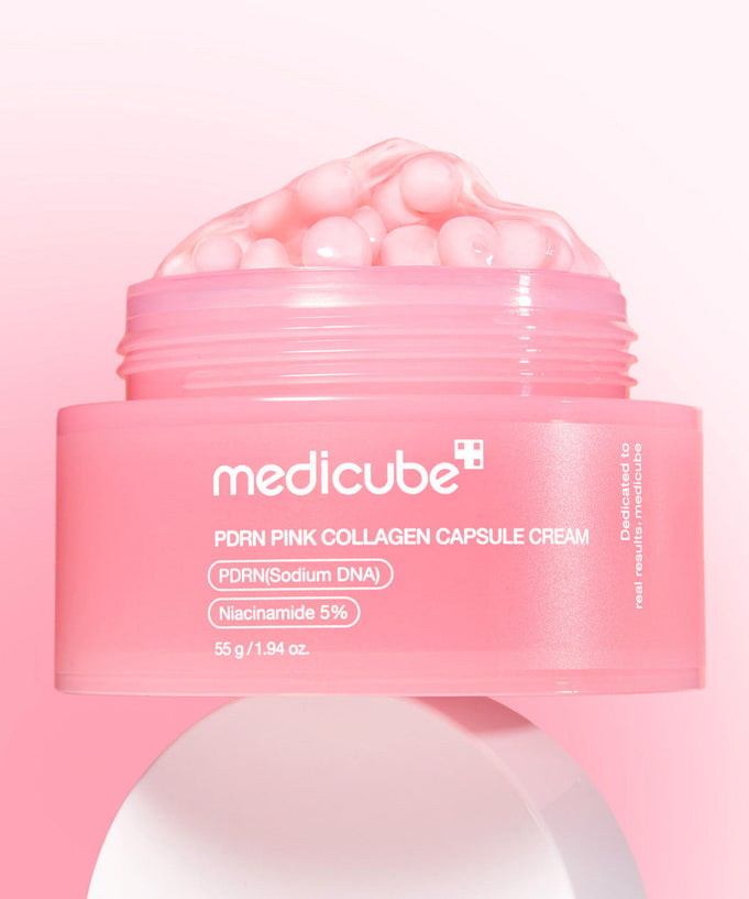 MEDICUBE PDRN Pink Collagen Capsule Cream 55g product image with open jar showing pink capsules, enhancing skincare and hydration.