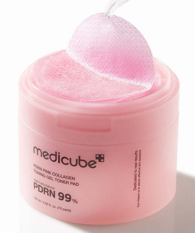 MEDICUBE PDRN Pink Collagen Toning Gel Toner Pad 70pads in pink container with pads visible