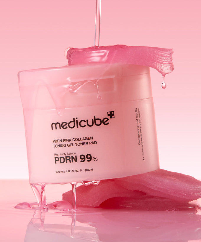 MEDICUBE PDRN Pink Collagen Toning Gel Toner Pad 70pads showcasing product packaging on a pink background.