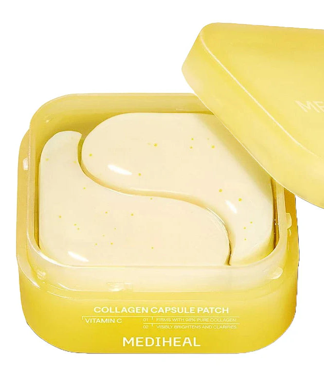 MEDIHEAL Collagen Capsule Patch 60 sheets in yellow container, skincare product.