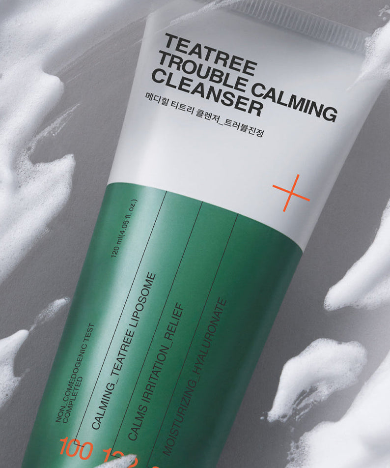 MEDIHEAL Tea Tree Cleanser 120ml packaging, close-up view with calming effects and moisturizing benefits visuals.