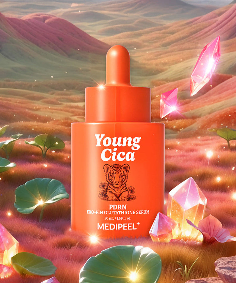 Bottle of MEDIPEEL Young Cica PDRN Exo-Pin Glutathione Serum 50ml in a magical landscape with glowing crystals and plants.