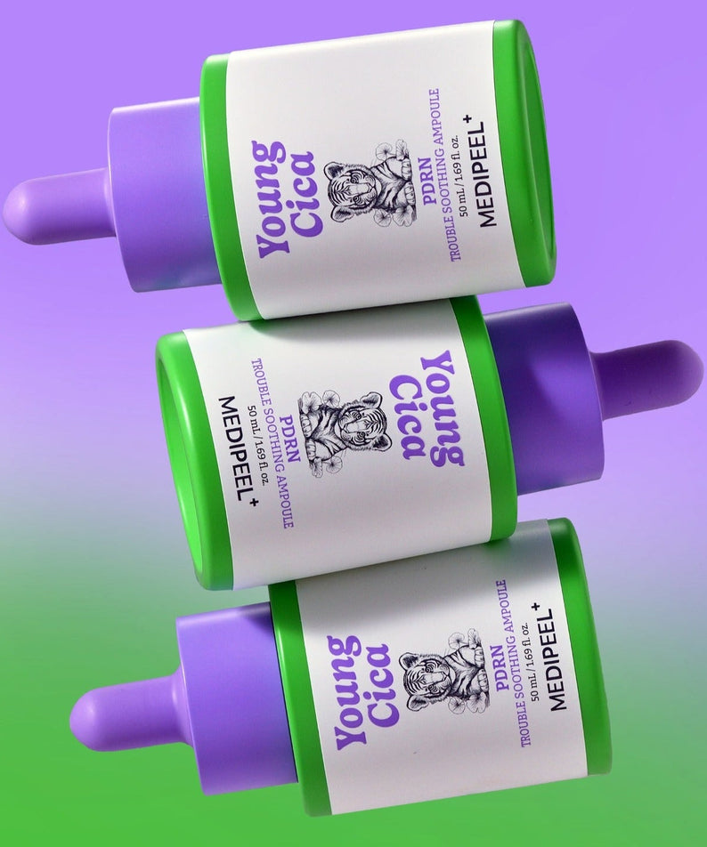Three bottles of MEDIPEEL Young Cica PDRN Trouble Soothing Ampoule 50ml against a gradient purple and green background.