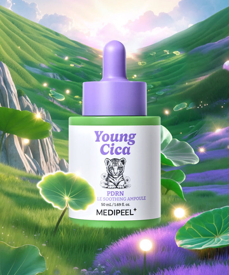 MEDIPEEL Young Cica PDRN Trouble Soothing Ampoule 50ml in a scenic landscape setting with purple and green colors.