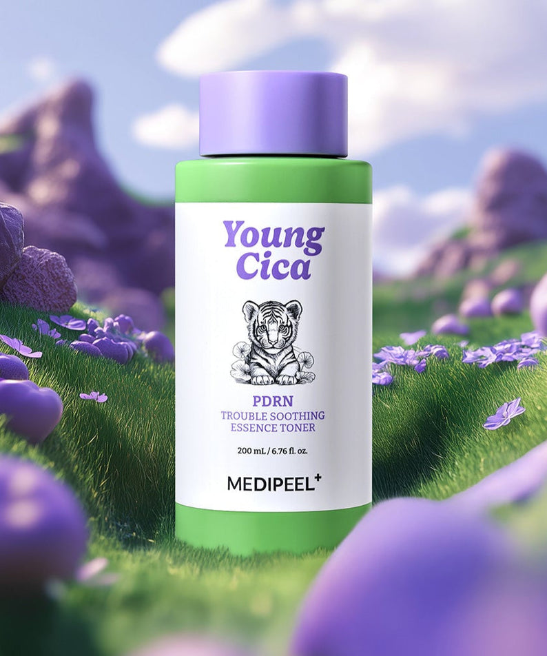 Image of MEDIPEEL Young Cica PDRN Trouble Soothing Essence Toner 200ml bottle in a lavender field background.