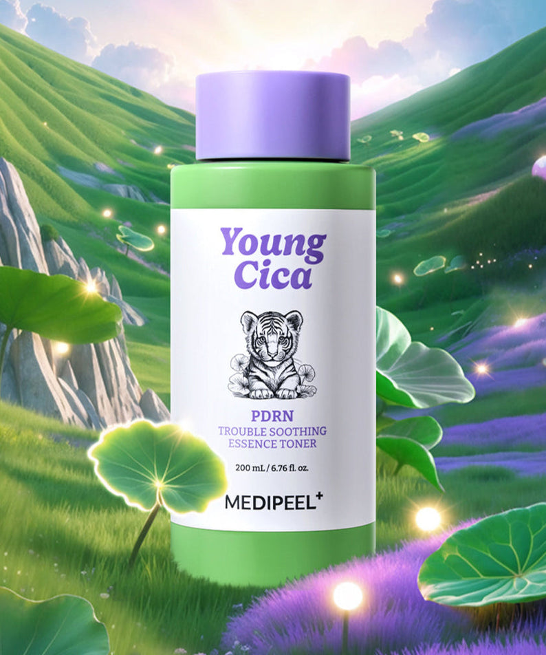 Bottle of MEDIPEEL Young Cica PDRN Trouble Soothing Essence Toner 200ml in a lush, dreamy landscape.