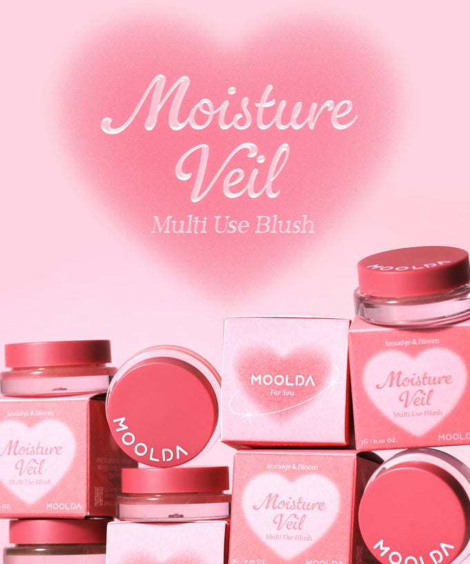 MOOLDA Water Moisture Veil Multi-Use Blusher products displayed with pink packaging