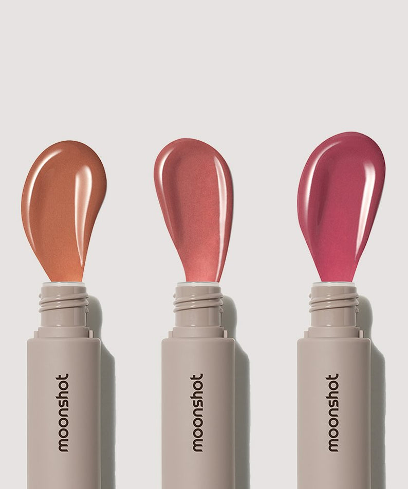 MOONSHOT Conscious Fit Melow Lip Tint in three shades, showcasing vibrant colors and smooth texture for a perfect lip finish.