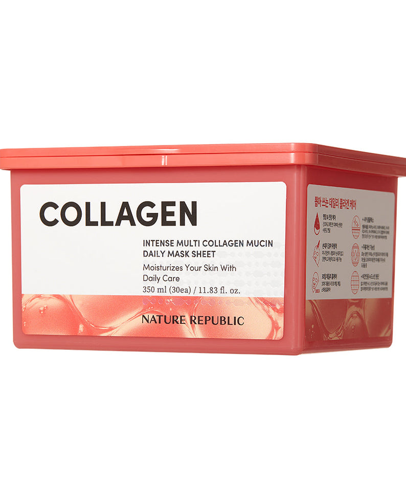 NATURE REPUBLIC Intense Multi Collagen Mucin Extraction Daily Mask Pack 30 sheets in a red container.