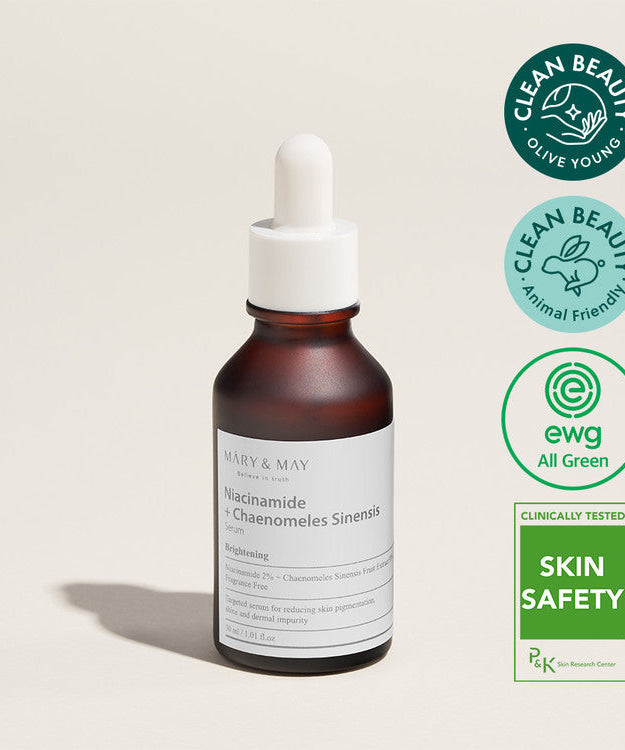 MARY & MAY Niacinamide + Chaenomeless Sinensis Serum 30ml bottle with clean beauty and skin safety certifications.