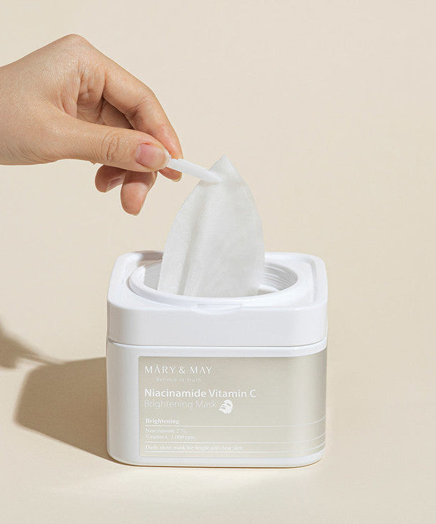 Person using MARY & MAY Niacinamide Vitamin C Brightening Mask x30