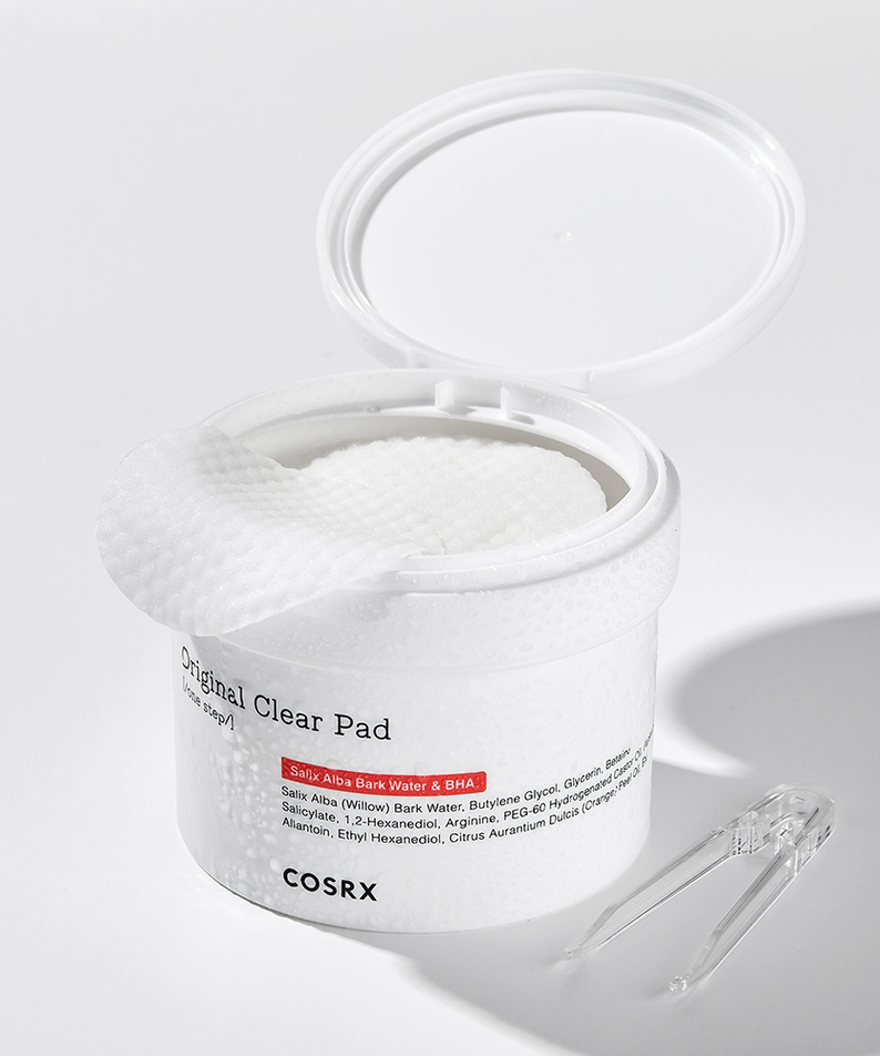 COSRX One Step Original Clear Pad 140ml, open jar showing texture of clear pads with included tweezers, 140ml packaging.
