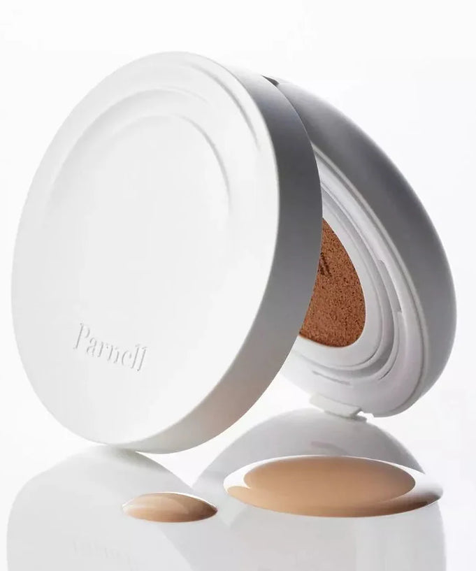 Open PARNELL Cicamanu Serum Cushion 15g with beige makeup liquid on surface